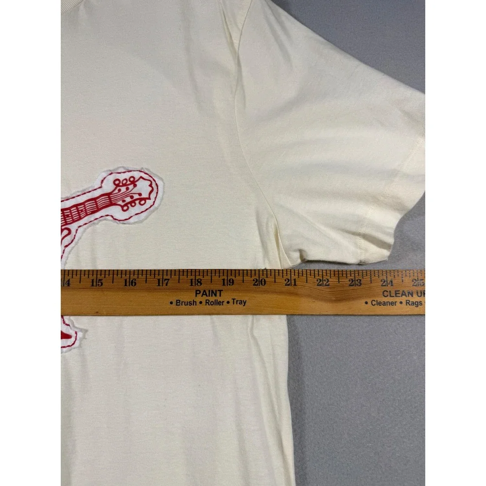 True Religion Mens XL Buddha Guitar Graphic T-Shirt Cream Red Short Sleeve Tee